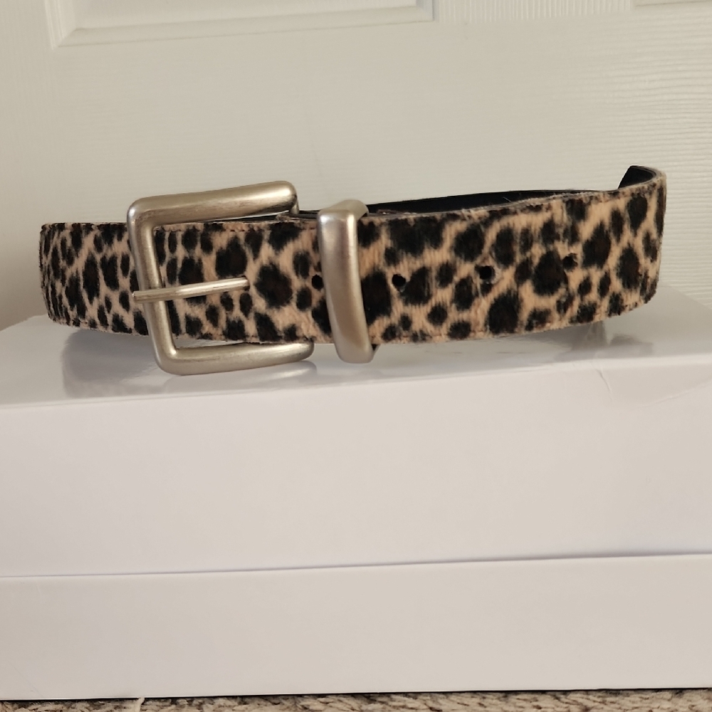 Womens Leopard Print Belt with Silver Buckle